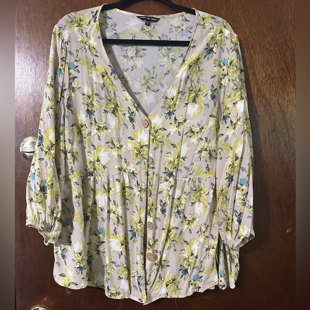 Unique Spectrum Beige Floral Button-Front Blouse with Yellow & Blue Accents